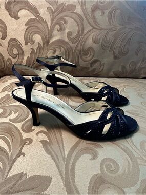 Caparros Women’s 7 Navy Blue Suede Satin Slingback Heels Rhinestone Ankle Strap